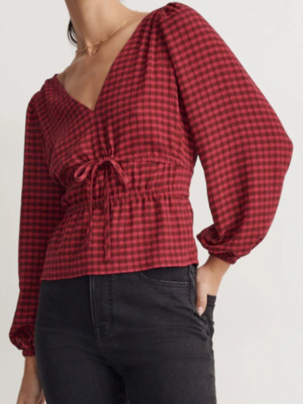Madewell Crinkled V-Neck Peplum Top in Plaid, Blouson Sleeves - Womens Medium